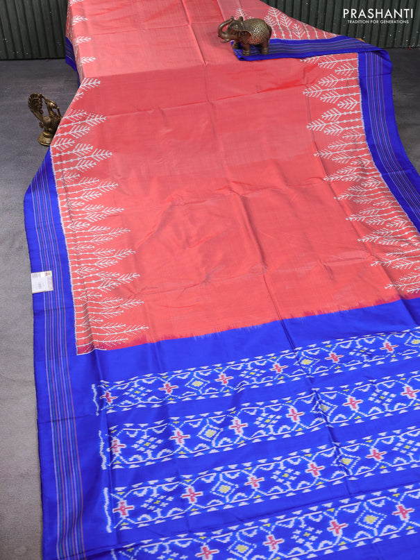 Pochampally silk saree red shade and royal blue with plain body and long ikat woven border