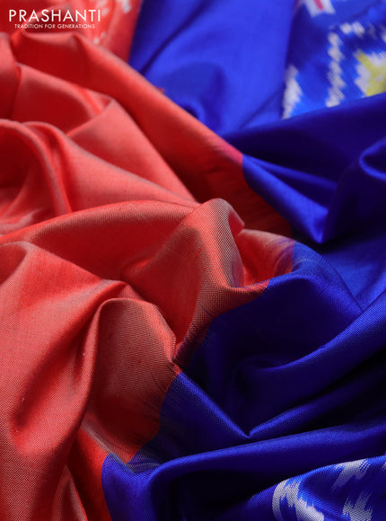 Pochampally silk saree red shade and royal blue with plain body and long ikat woven border