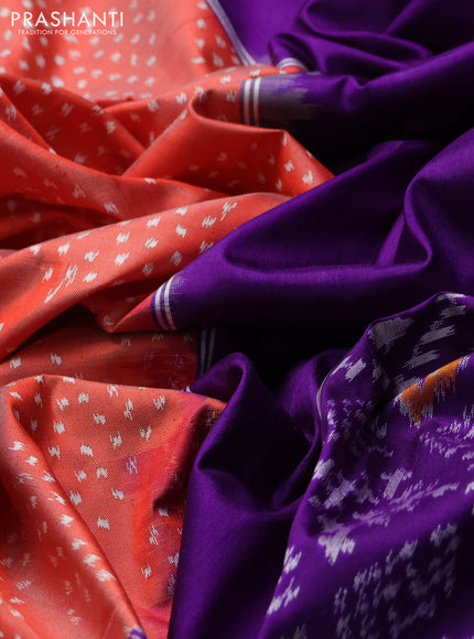Pochampally silk saree red shade and violet with allover ikat woven buttas and ikat woven border