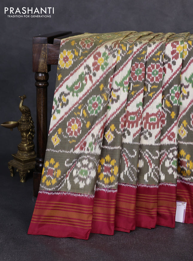 Pochampally silk saree cream olive green and red with allover ikat weaves and woven border