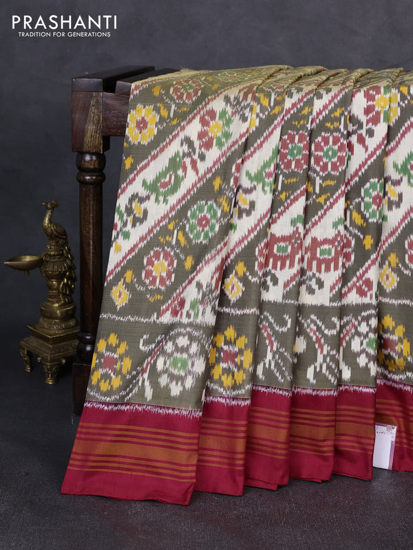 Pochampally silk saree cream olive green and red with allover ikat weaves and woven border