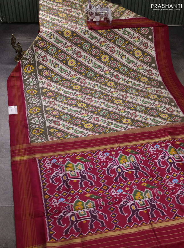 Pochampally silk saree cream olive green and red with allover ikat weaves and woven border