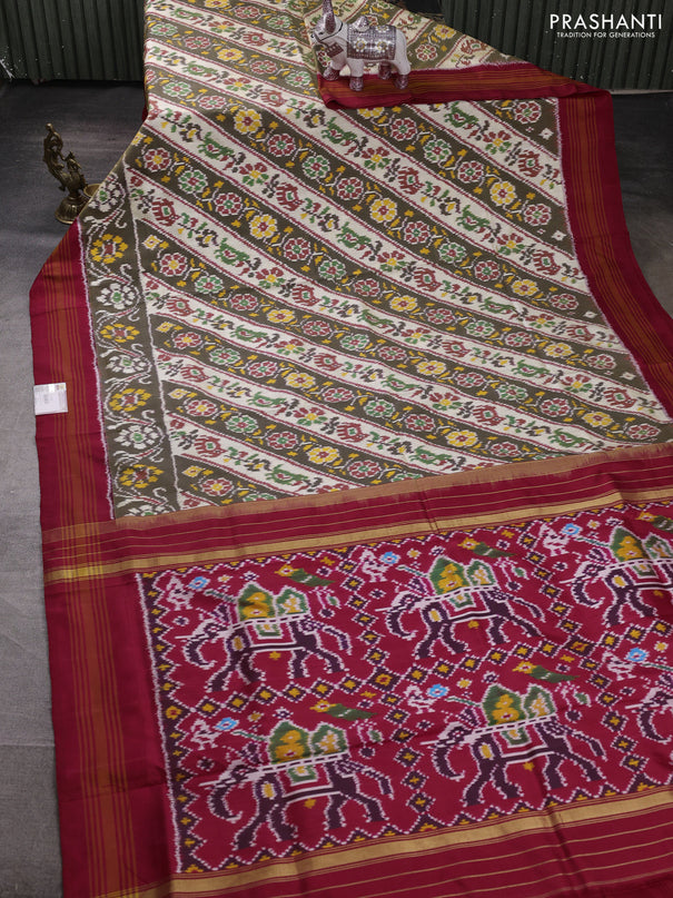 Pochampally silk saree cream olive green and red with allover ikat weaves and woven border