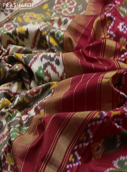 Pochampally silk saree cream olive green and red with allover ikat weaves and woven border