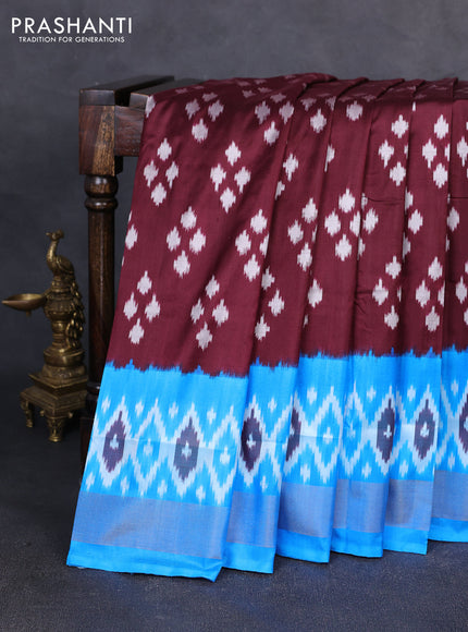 Pochampally silk saree deep maroon and cs blue with allover ikat woven buttas and ikat zari woven border