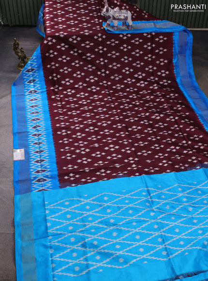 Pochampally silk saree deep maroon and cs blue with allover ikat woven buttas and ikat zari woven border