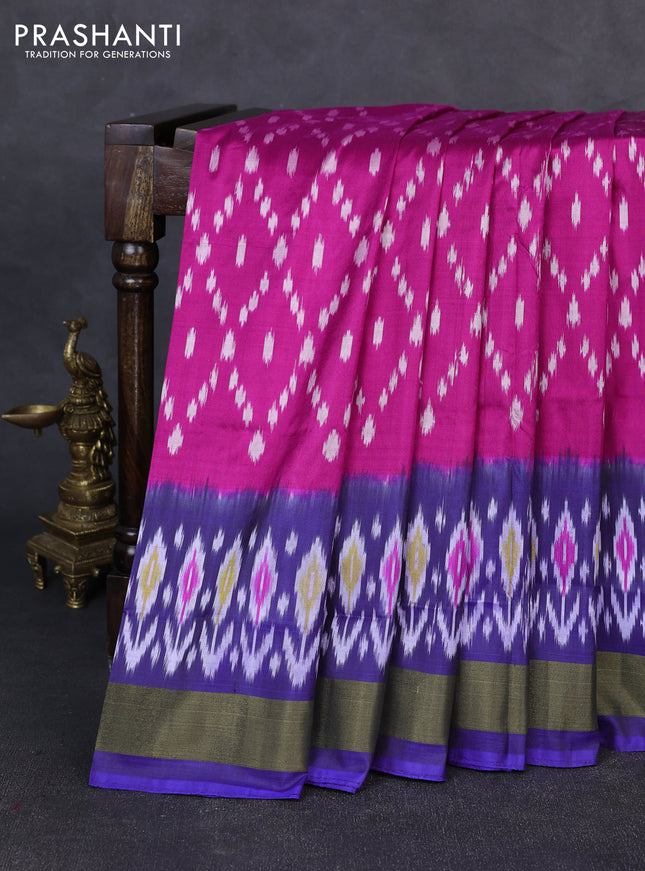 Pochampally silk saree pink and blue with allover ikat weaves and ikat zari woven border