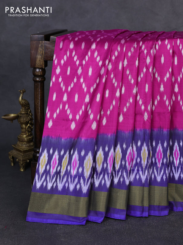 Pochampally silk saree pink and blue with allover ikat weaves and ikat zari woven border