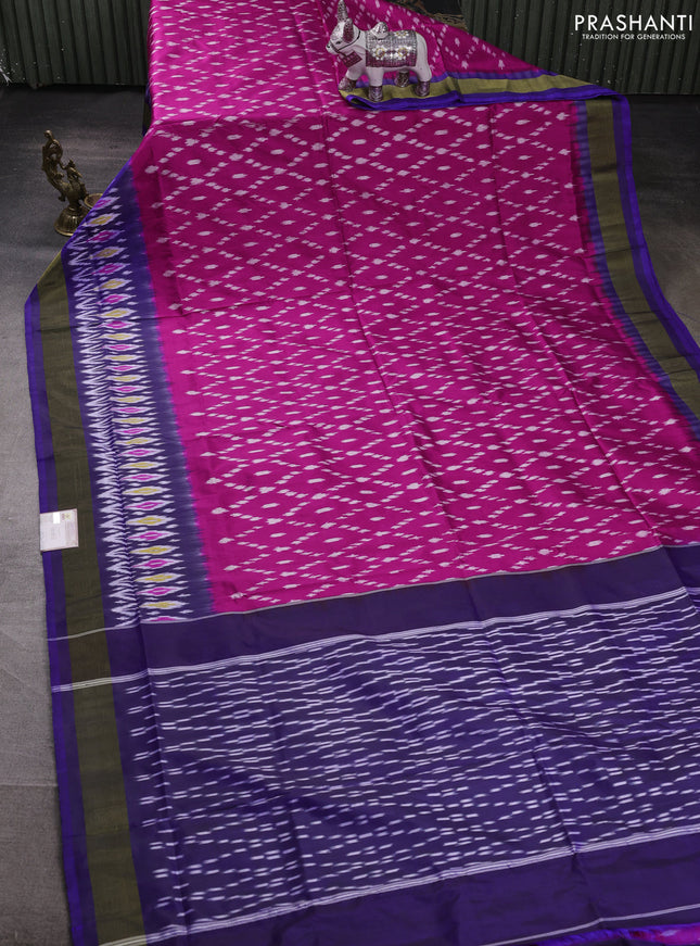 Pochampally silk saree pink and blue with allover ikat weaves and ikat zari woven border