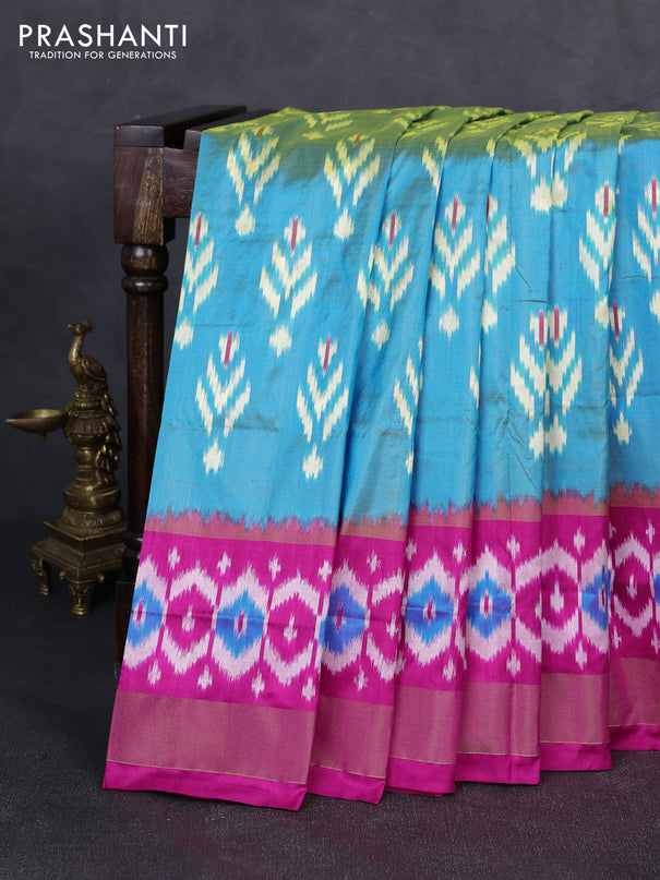 Pochampally silk saree blue shade and pink with allover ikat woven buttas and ikat zari woven border