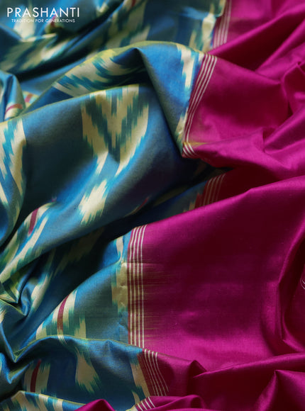 Pochampally silk saree blue shade and pink with allover ikat woven buttas and ikat zari woven border