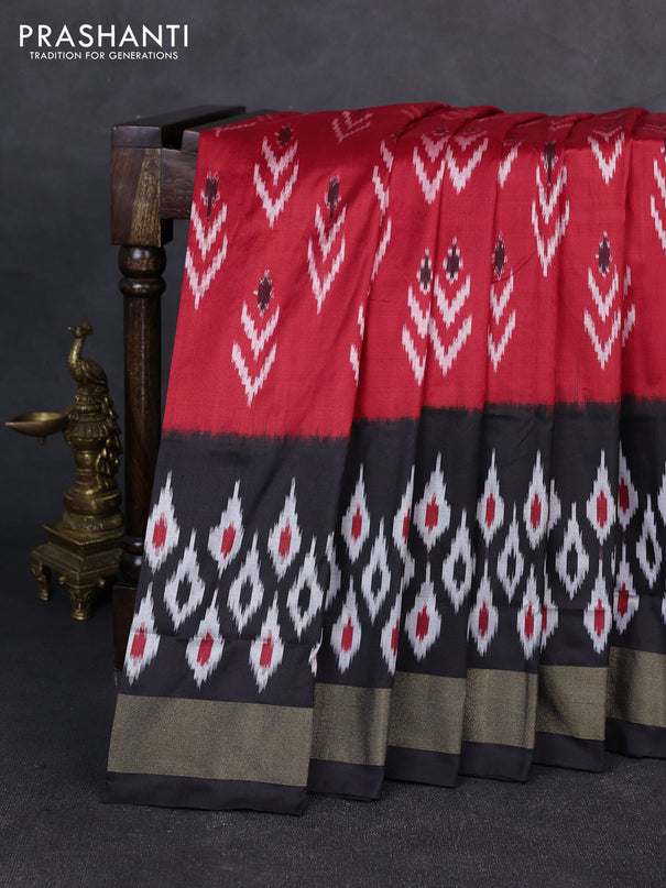 Pochampally silk saree red  and black with allover ikat woven buttas and long ikat zari woven border