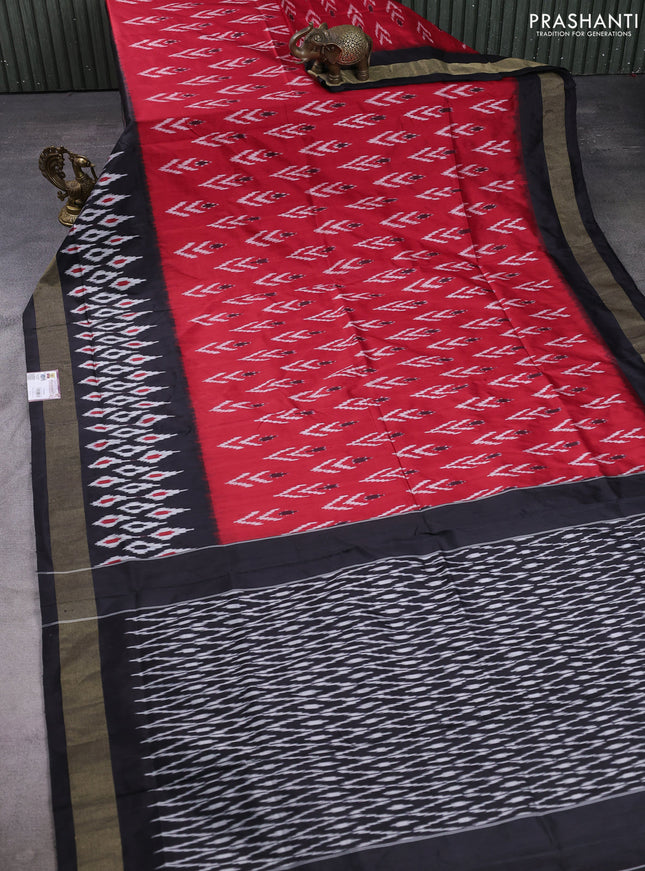 Pochampally silk saree red  and black with allover ikat woven buttas and long ikat zari woven border