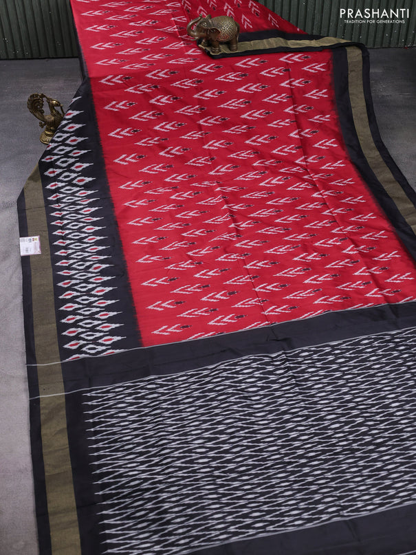 Pochampally silk saree red  and black with allover ikat woven buttas and long ikat zari woven border