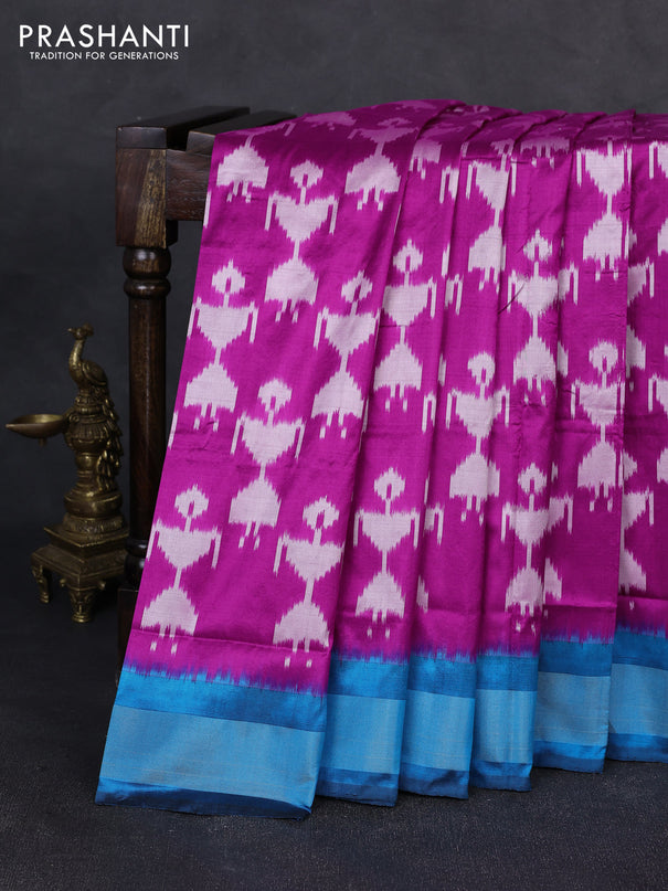 Pochampally silk saree pink and cs blue with allover ikat woven buttas and zari woven border