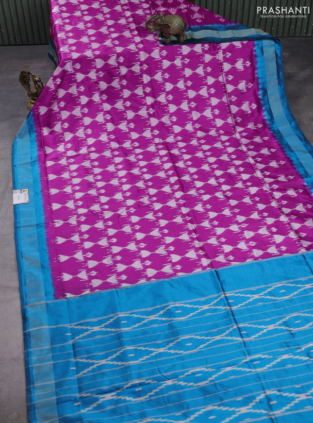 Pochampally silk saree pink and cs blue with allover ikat woven buttas and zari woven border