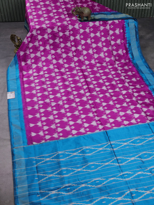 Pochampally silk saree pink and cs blue with allover ikat woven buttas and zari woven border
