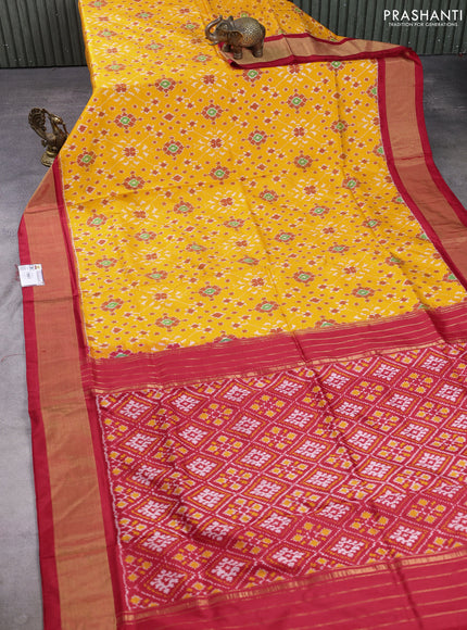 Pochampally silk saree mango yellow and red with allover ikat weaves and zari woven border