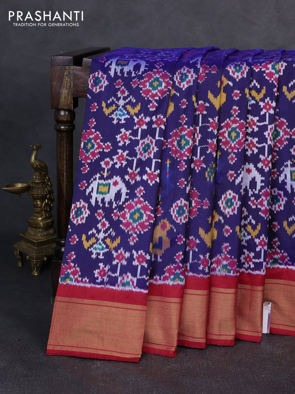 Pochampally silk saree blue and red with allover ikat weaves and zari woven border