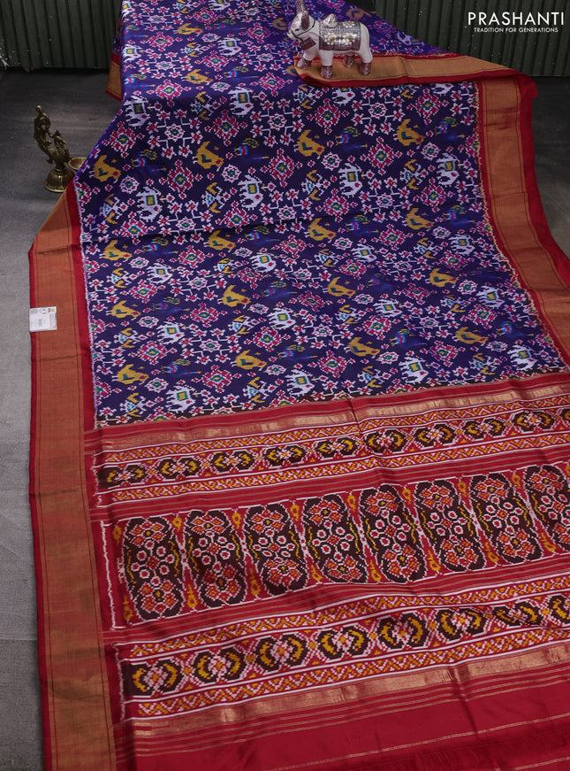 Pochampally silk saree blue and red with allover ikat weaves and zari woven border