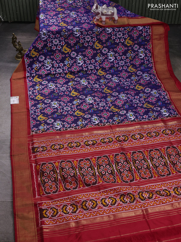 Pochampally silk saree blue and red with allover ikat weaves and zari woven border