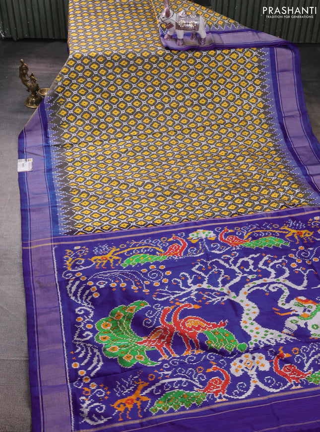 Pochampally silk saree black and royal blue with allover ikat weaves and zari woven border