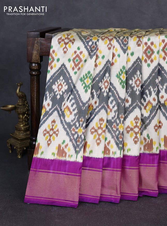 Pochampally silk saree cream and pink with allover ikat weaves and zari woven border
