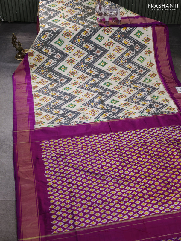 Pochampally silk saree cream and pink with allover ikat weaves and zari woven border