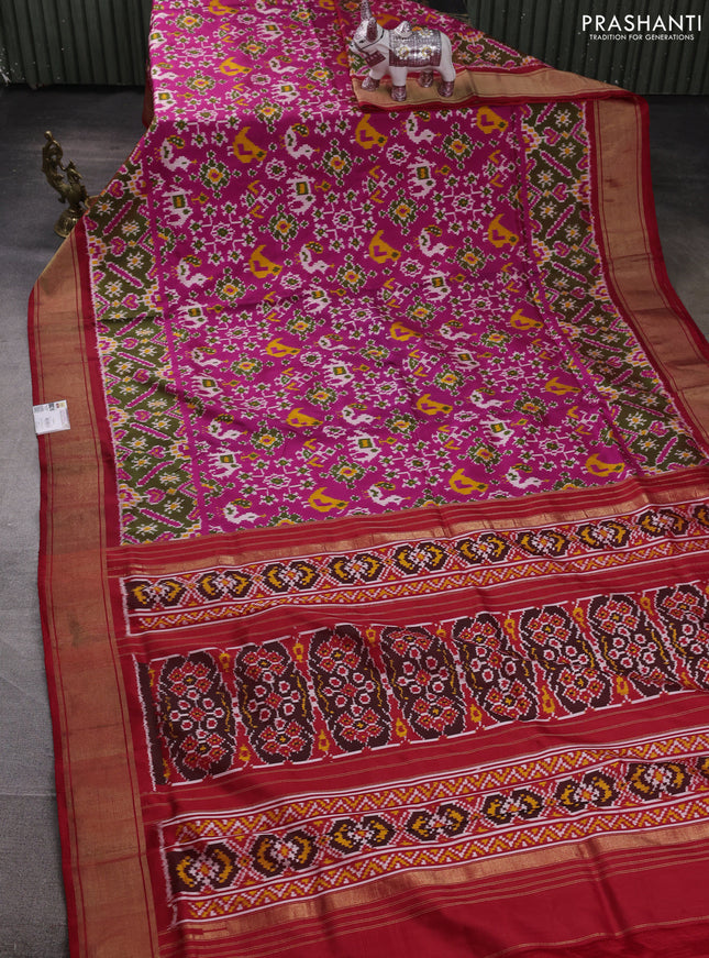 Pochampally silk saree pink and red with allover ikat weaves and zari woven border