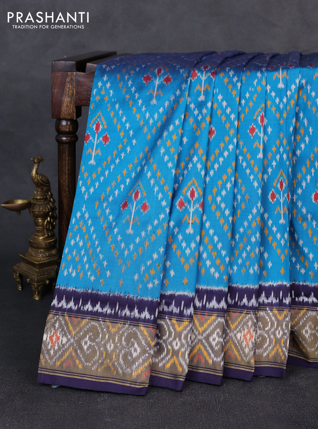 Pochampally silk saree cs blue and navy blue with allover ikat weaves and ikat zari woven border