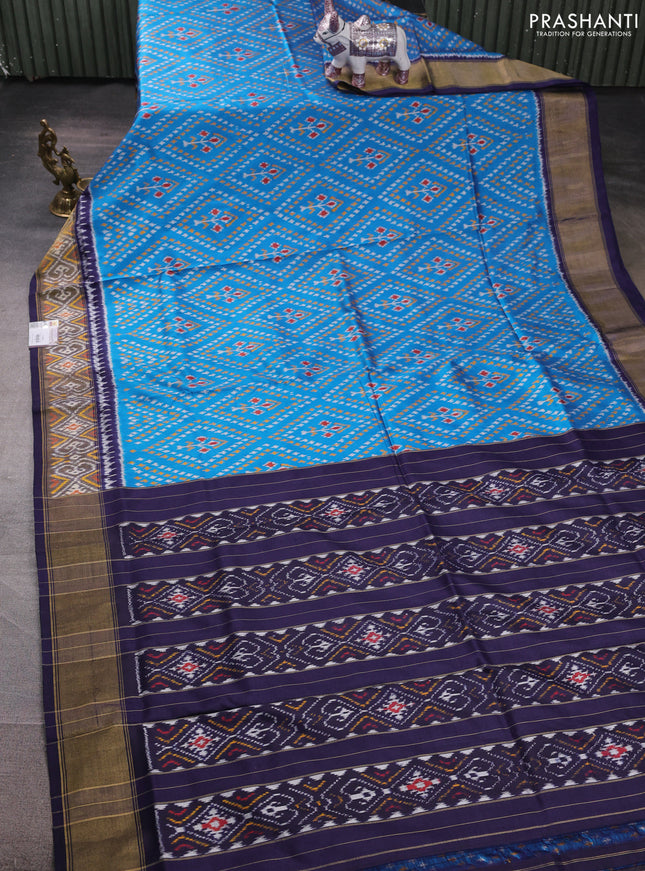 Pochampally silk saree cs blue and navy blue with allover ikat weaves and ikat zari woven border
