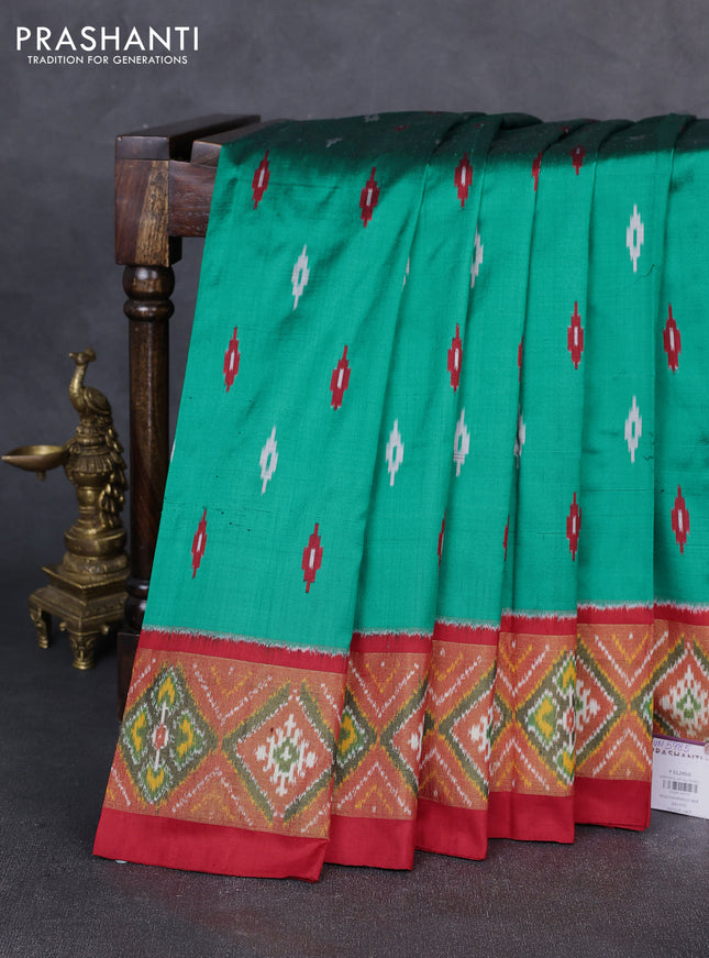Pochampally silk saree green and red with allover ikat woven buttas and ikat zari woven border