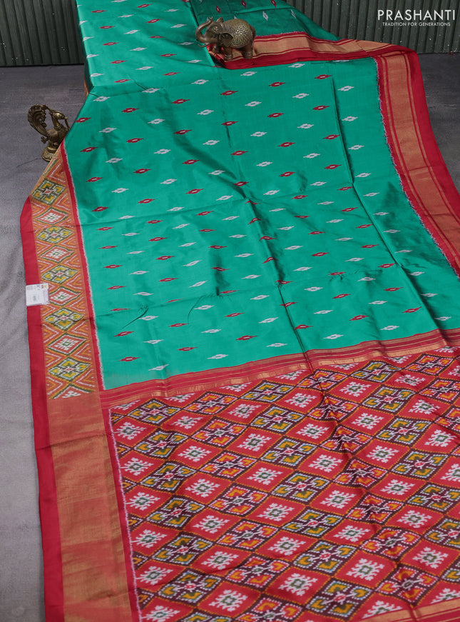 Pochampally silk saree green and red with allover ikat woven buttas and ikat zari woven border