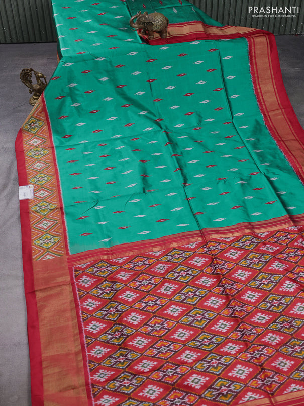 Pochampally silk saree green and red with allover ikat woven buttas and ikat zari woven border