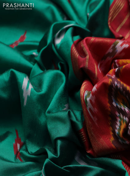 Pochampally silk saree green and red with allover ikat woven buttas and ikat zari woven border