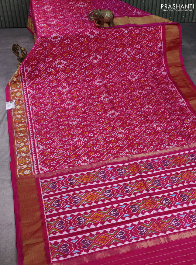 Pochampally silk saree pink and red shade with allover ikat weaves and ikat woven zari border