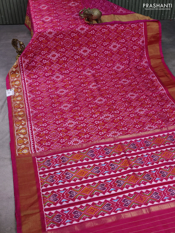 Pochampally silk saree pink and red shade with allover ikat weaves and ikat woven zari border