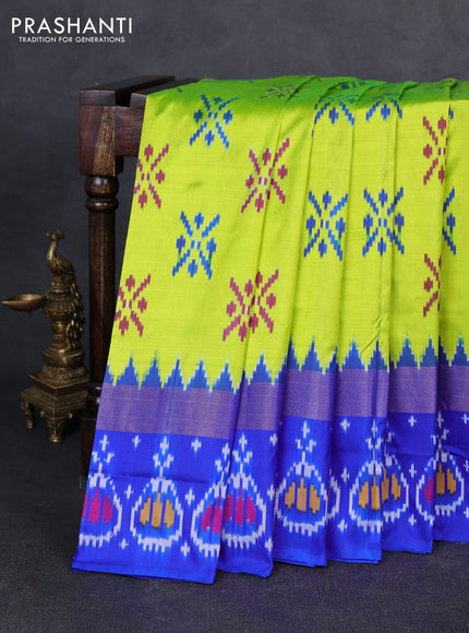 Pochampally silk saree fluorescent green and royal blue with allover ikat woven buttas and long zari ikat woven border