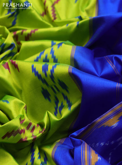 Pochampally silk saree fluorescent green and royal blue with allover ikat woven buttas and long zari ikat woven border