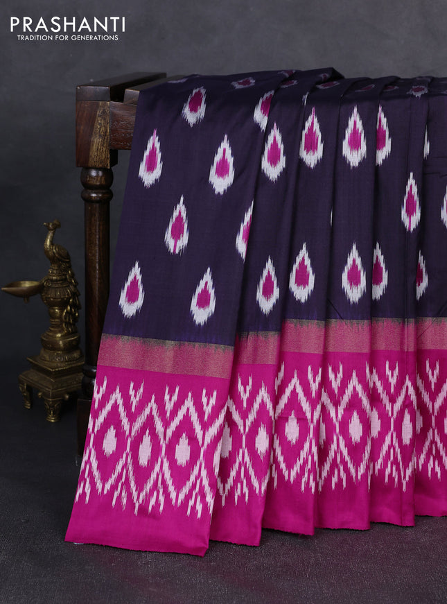 Pochampally silk saree deep violet and pink with allover ikat woven buttas and long zari ikat woven border