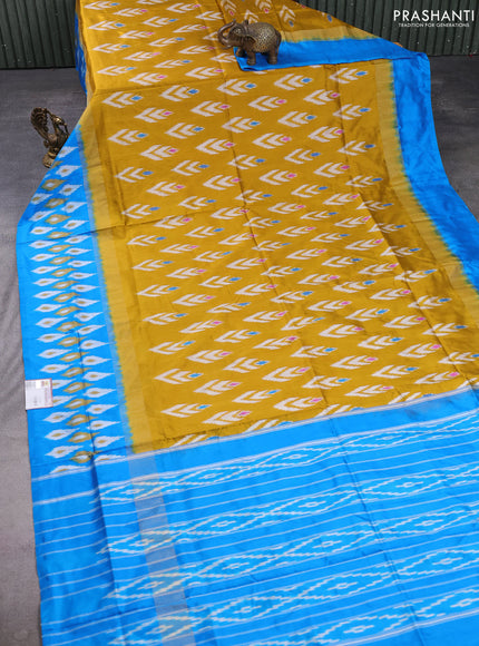 Pochampally silk saree mustard yellow and blue with allover ikat woven buttas and long zari ikat woven border