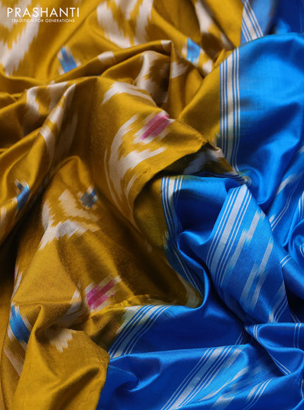 Pochampally silk saree mustard yellow and blue with allover ikat woven buttas and long zari ikat woven border