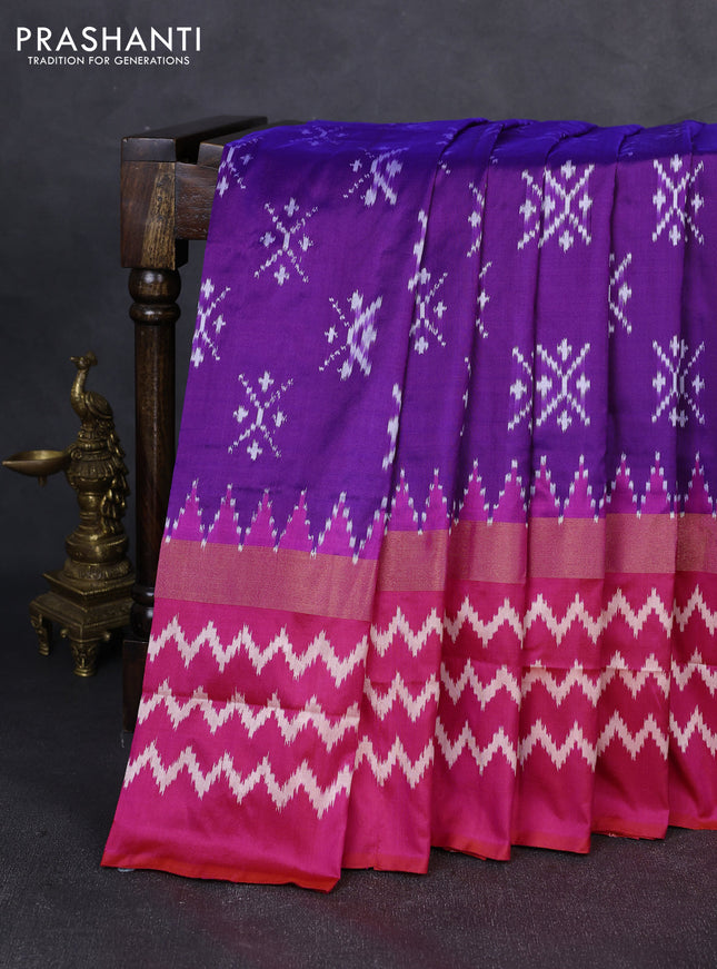 Pochampally silk saree purple and pink with allover ikat woven buttas and long zari ikat woven border