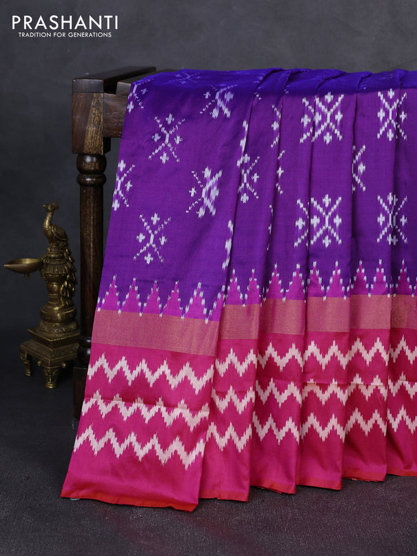 Pochampally silk saree purple and pink with allover ikat woven buttas and long zari ikat woven border