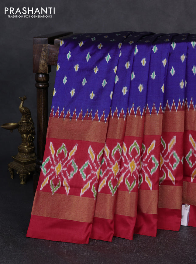 Pochampally silk saree blue and red  with allover ikat woven buttas and long rettapet zari ikat woven border