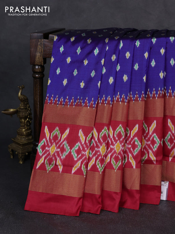 Pochampally silk saree blue and red  with allover ikat woven buttas and long rettapet zari ikat woven border