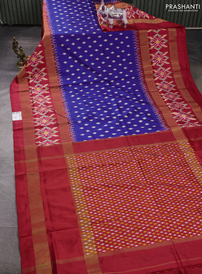 Pochampally silk saree blue and red  with allover ikat woven buttas and long rettapet zari ikat woven border