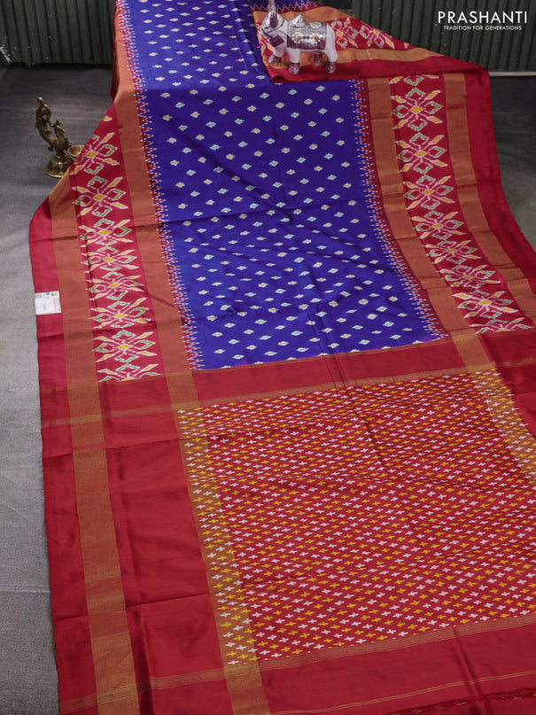 Pochampally silk saree blue and red  with allover ikat woven buttas and long rettapet zari ikat woven border