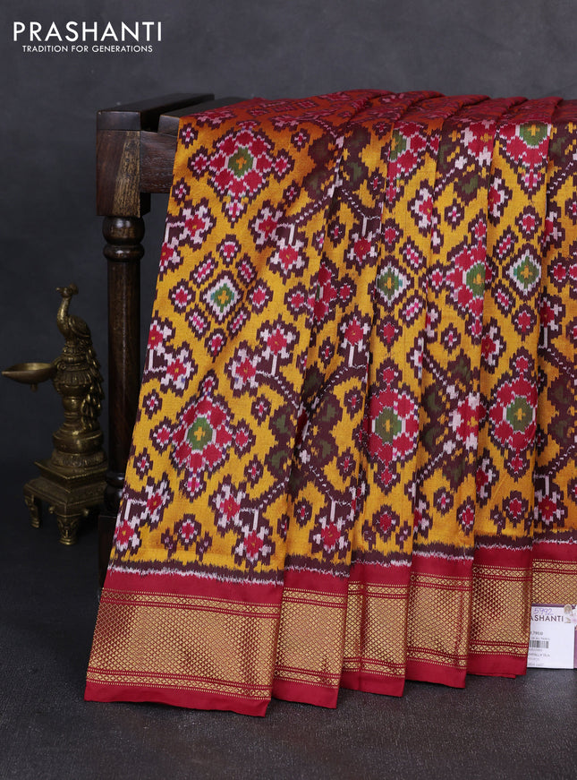 Pochampally silk saree mustard yellow and red with allover ikat weaves and zari woven border