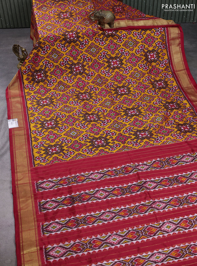 Pochampally silk saree mustard yellow and red with allover ikat weaves and zari woven border